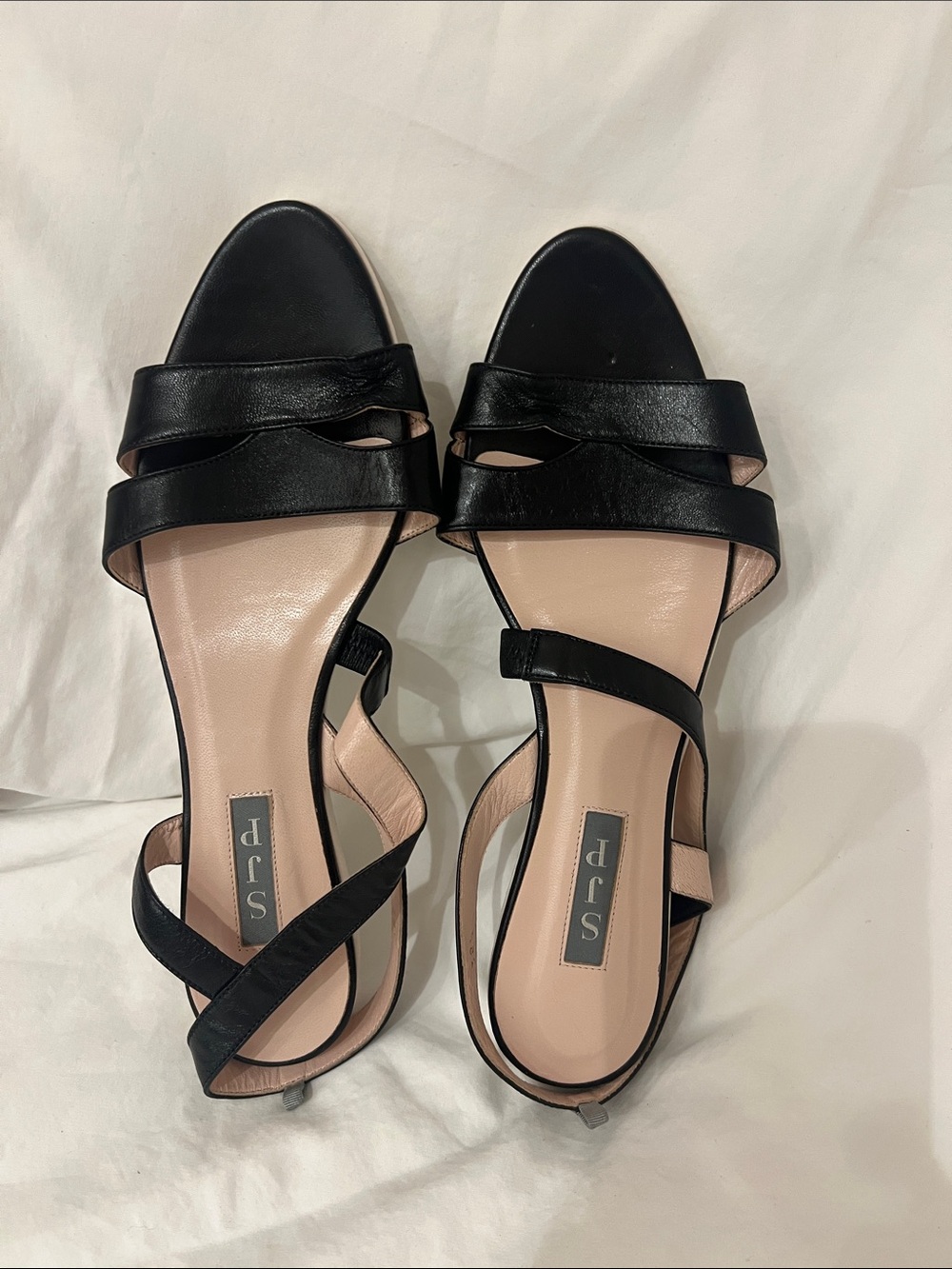 SJP by Sarah Jessica Parker Black Leather Strappy Sandals with Blush Insole